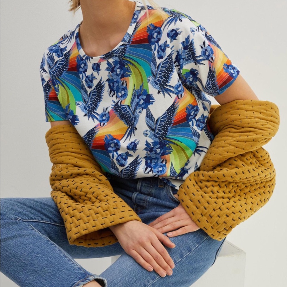 Farm Rio for Anthro Blue Bird Print Aves Short Sleeve T-Shirt [556]